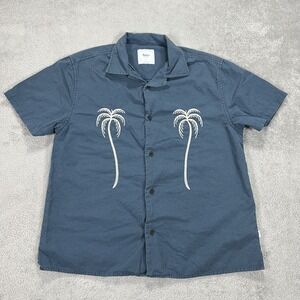 Katin Shirt Men Small Blue Loop Collar Short Sleeve Button Up Linen Cotton Beach